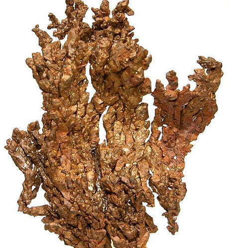 Branching specimen of native copper with a rough, metallic reddish-brown texture. Bisbee Minerals.
