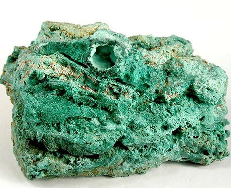Textured bright green malachite mineral specimen with a rough, porous surface. Bisbee Minerals.

