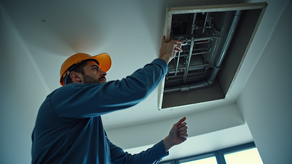 Eye-level view of a technician inspecting HVAC ductwork in a ceiling space