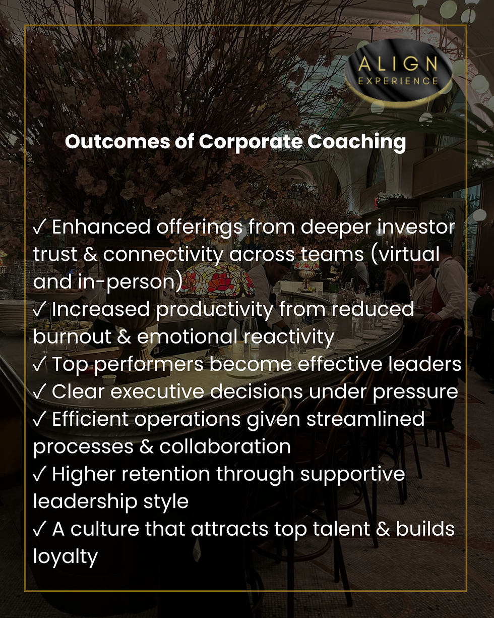 Elegant dining setting with dim lighting and floral decor. Text lists outcomes of corporate coaching, highlighting productivity and leadership. Logo reads Align Experience.