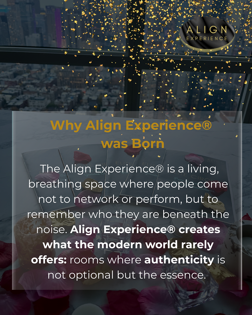 Slogan "Why Align Experience® was Born" with city skyline. Text describes a space for authenticity. Gold confetti adds celebratory feel.