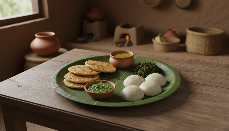 Wide-angle view of a traditional Ranchi meal served on a leaf plate with dhuska, chutney, saag, and rice dishes