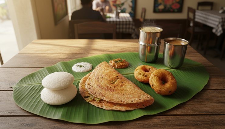 Overhead view of Bengaluru breakfast with dosa, idli, vada, chutney, and filter coffee