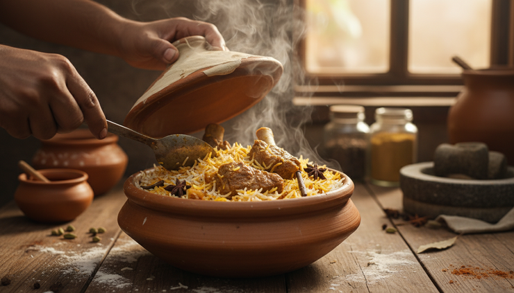 Close-up of a sealed handi being opened to release steam from Hyderabadi biryani.