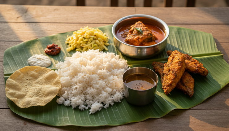 Close-up of a banana leaf meal with fish curry, rice, poriyal, and fried fish.