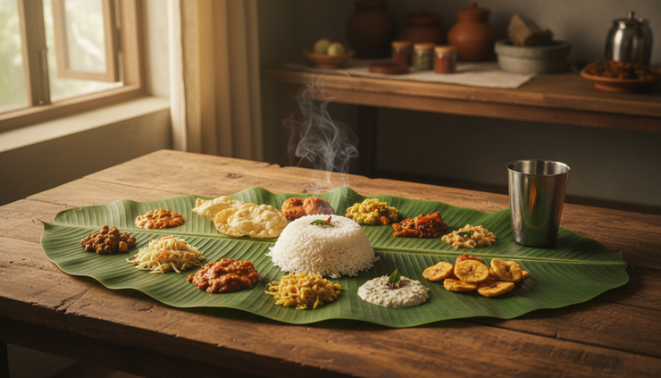 Wide-angle view of a Coimbatore banana leaf meal with rice, sambar, poriyal, chutneys and fried snacks