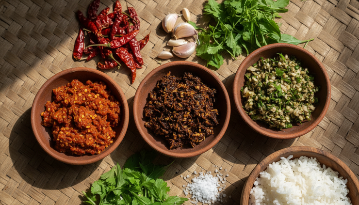 Overhead view of Naga chilli chutneys in small bowls with raja mircha, dried fish, garlic, and herbs