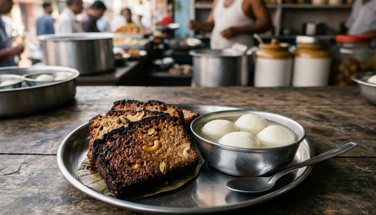 Eye-level view of chhena poda and rasagola arranged on a traditional steel plate