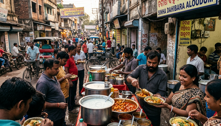 Wide-angle view of Cuttack street food stalls serving dahibara aloodum in the evening