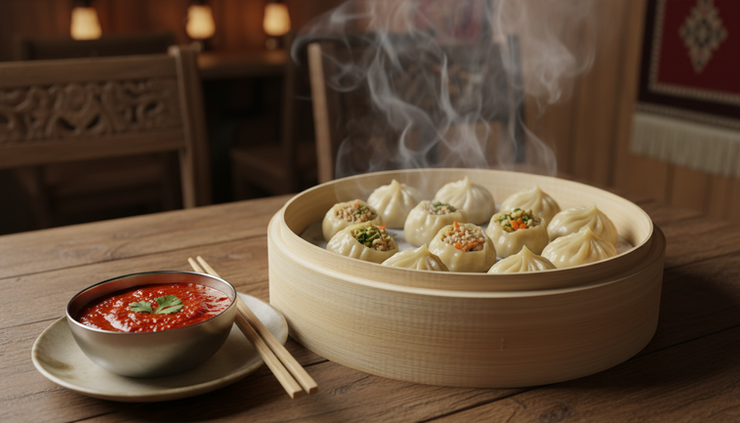Close-up of steamed momos with red chilli chutney on a wooden table