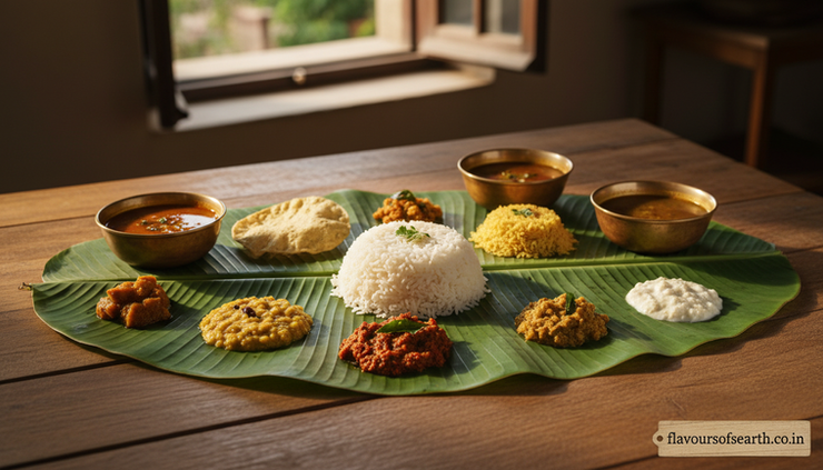 Eye-level view of an Andhra meals thali with rice, pappu, gongura pachadi, pulihora, and pickles