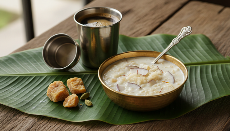 Close-up of tender coconut payasam in a small brass bowl with filter coffee beside it