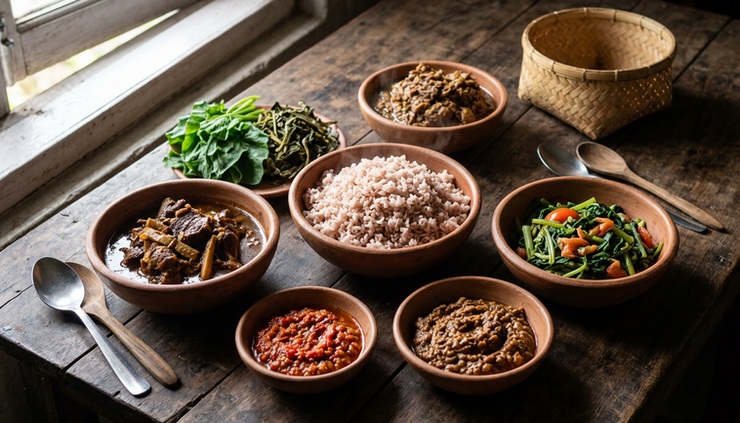 Wide-angle view of a Dimapur food table with rice, smoked pork, bamboo shoot curry, chutney, and local greens.