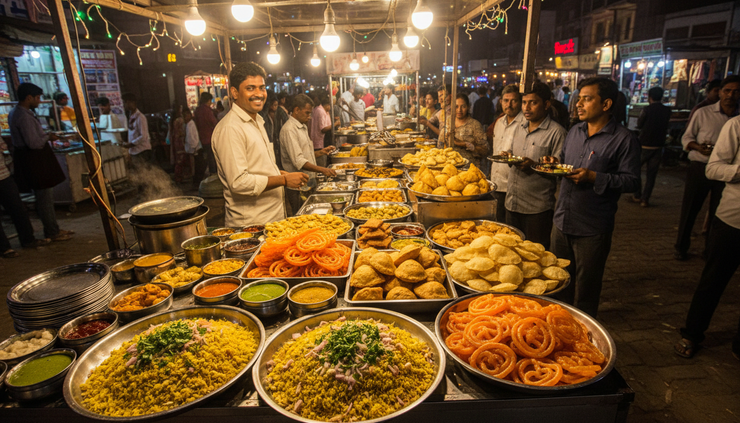 Wide-angle view of a Raipur street food stall serving poha, jalebi, samosa, and chaat.
