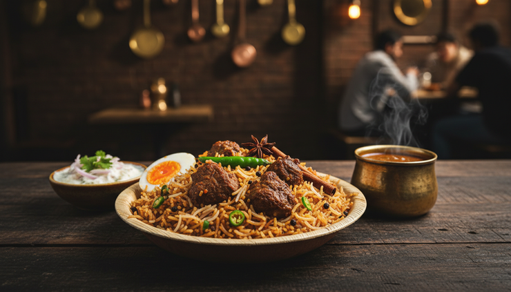 Three-quarter view of donne biryani served in an areca leaf bowl with boiled egg and raita