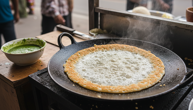 Close-up of rice chila cooking on a hot iron tawa in Raipur.
