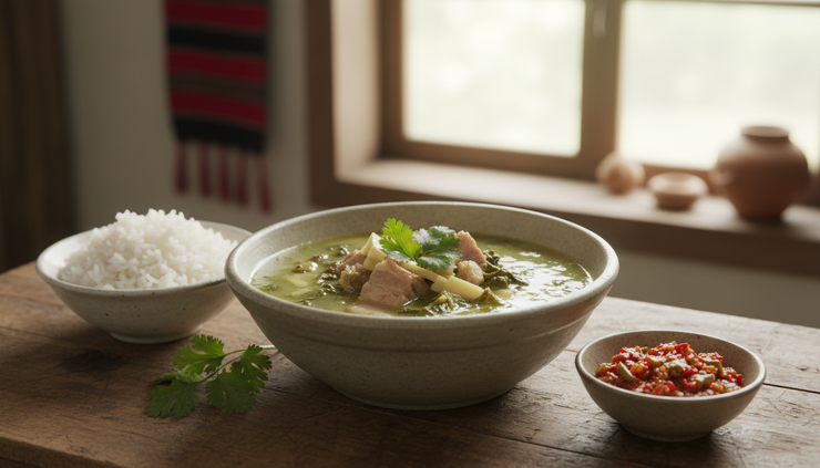 Eye-level view of bai served with rice and crushed chilli chutney