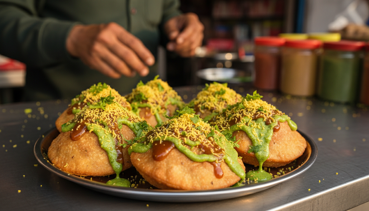 Close-up of a plate of crispy kachori with chutneys and sev at a Ujjain food stall