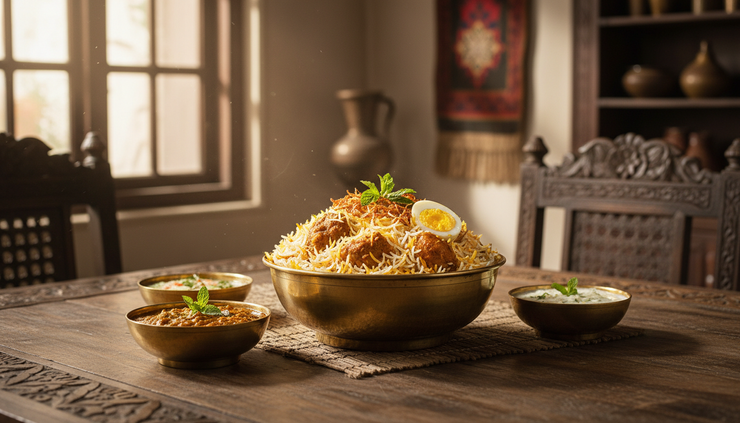 Overhead view of Hyderabadi biryani served with mirchi ka salan and raita.