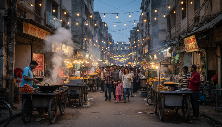 Wide-angle view of a Gurugram street food lane with chaat carts and glowing food stalls