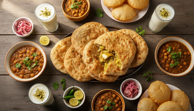 Overhead view of a food table with kulcha chole bhature and lassi