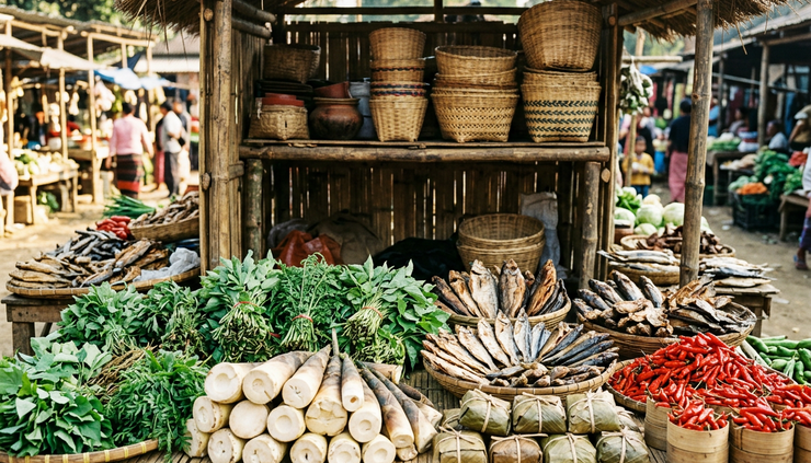 Eye-level view of a Dimapur market stall with bamboo shoot, local greens, dried fish, and chillies.