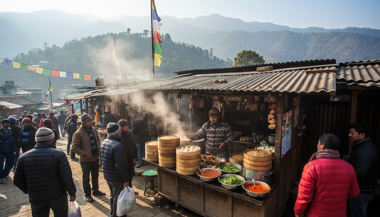 Wide-angle view of a Gangtok food stall serving steaming momos in bamboo baskets