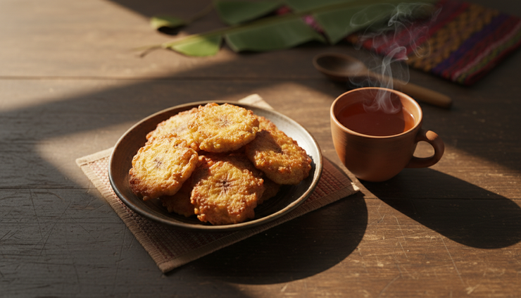 Overhead view of koat pitha and tea on a small wooden table