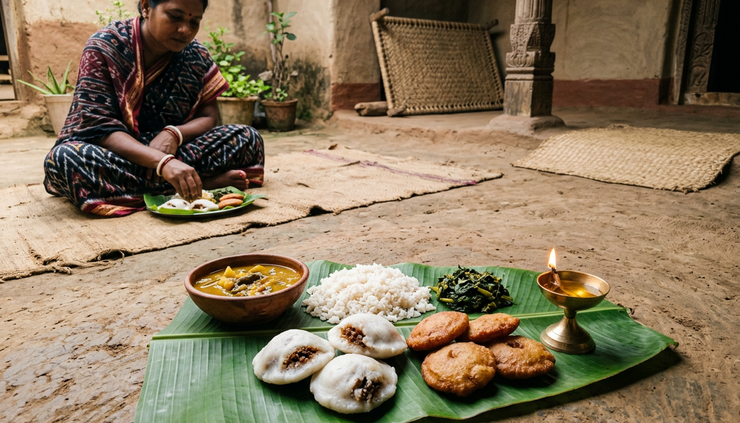 Eye-level view of pithas and rice dishes prepared for a Sambalpur festival meal
