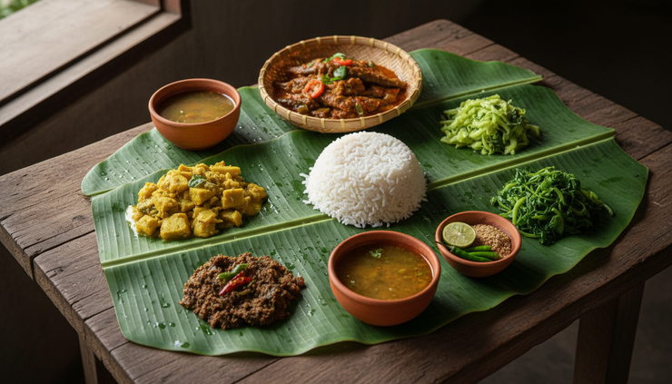 Wide-angle view of a Tripuri meal served on banana leaves with rice, bamboo shoot curry, fish, chutney, and greens
