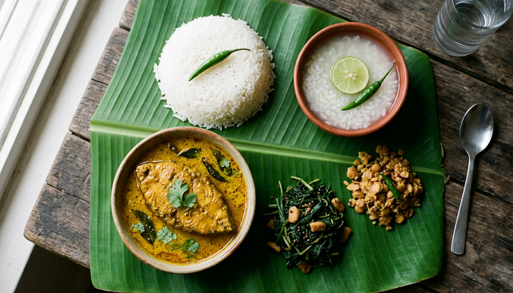 Top-down view of an Odia home meal with rice, fish curry, pakhala sides, and vegetables