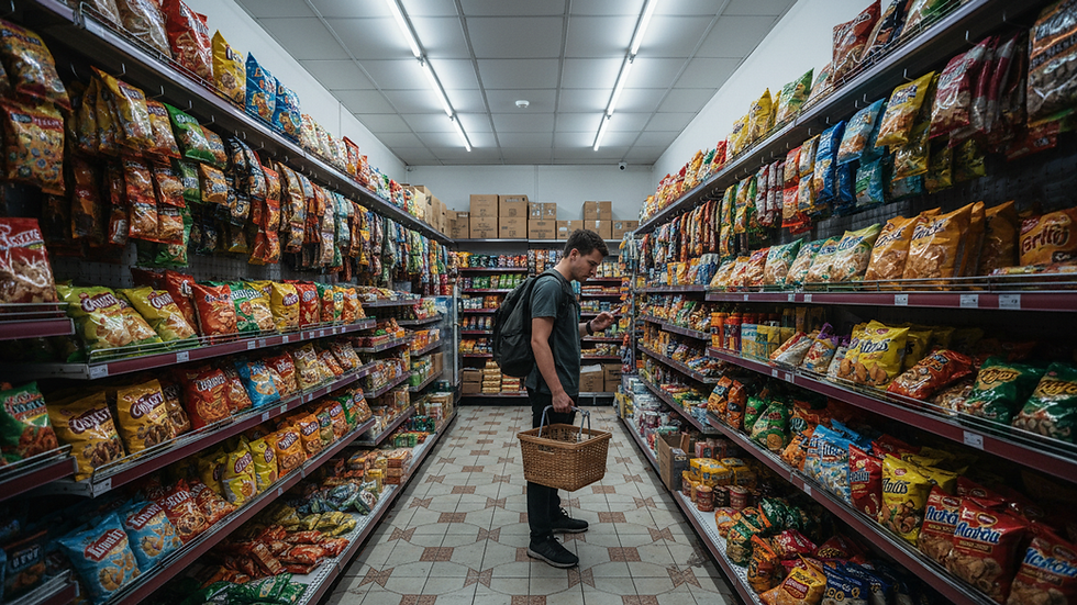 Wide-angle view of a traveller browsing snacks in a brightly lit convenience store aisle