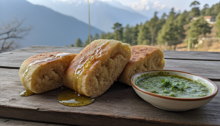 Close-up of siddu served with ghee and chutney on a wooden table.