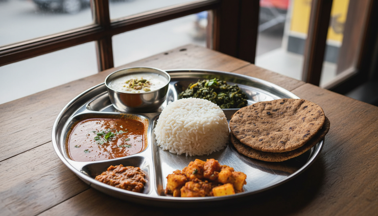 Eye-level view of a Garhwali thali with dal, rice, mandua roti, greens, and chutney