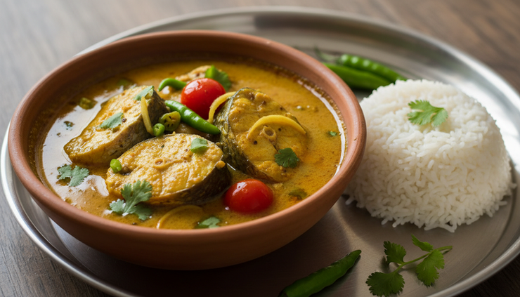 Close-up of Assamese masor tenga served with rice in a steel thali