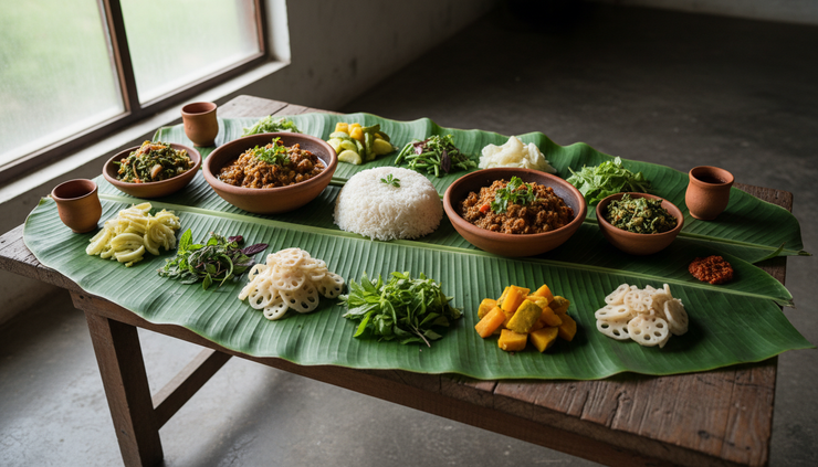 Wide-angle view of a traditional Imphal food spread served on banana leaves