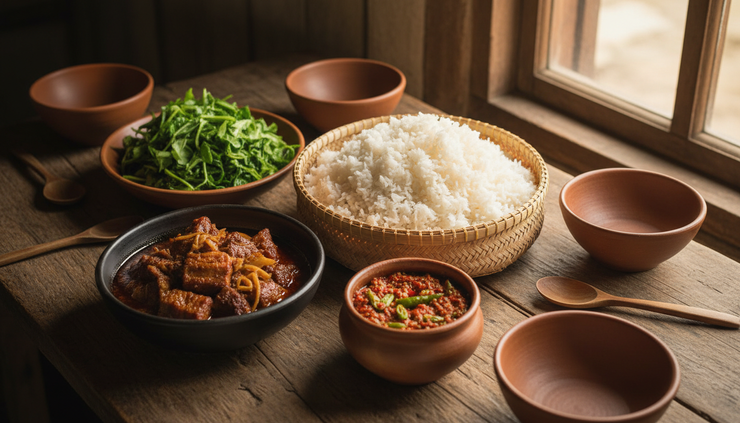 Wide-angle view of a traditional Naga meal served on a wooden table with rice, smoked pork, chutney, greens, and bamboo shoot dishes