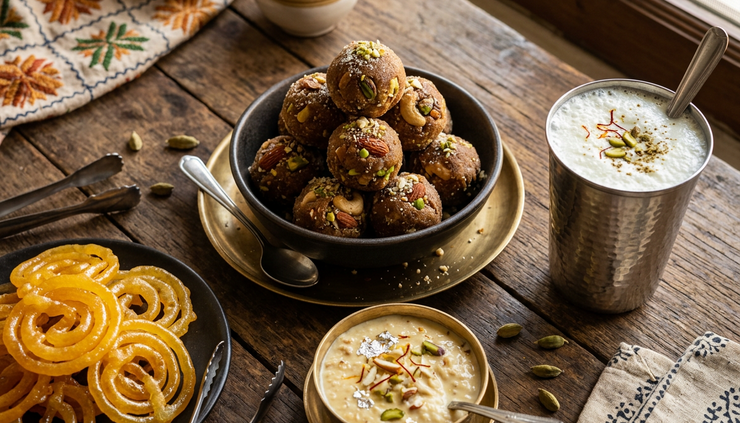 Overhead view of pinni, jalebi, and lassi arranged on a wooden table