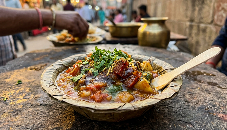 Close-up of a leaf bowl filled with hot tamatar chaat from Varanasi