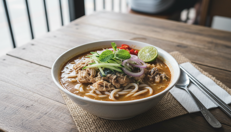 Eye-level view of a tangy Assam Laksa noodle bowl with fish and herbs