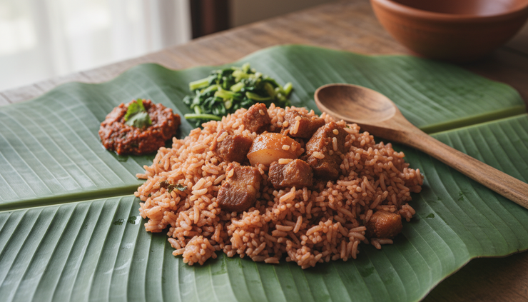 Close-up of jadoh served with pork and chilli chutney on a banana leaf