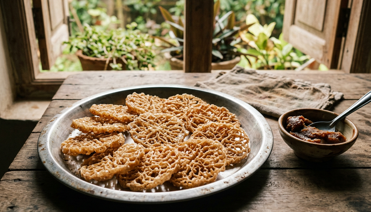 Close-up of sarsatia sweet arranged on a steel plate in Sambalpur