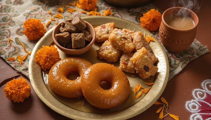 Overhead view of Chhattisgarhi sweets with dehrori and khurma on a brass plate.