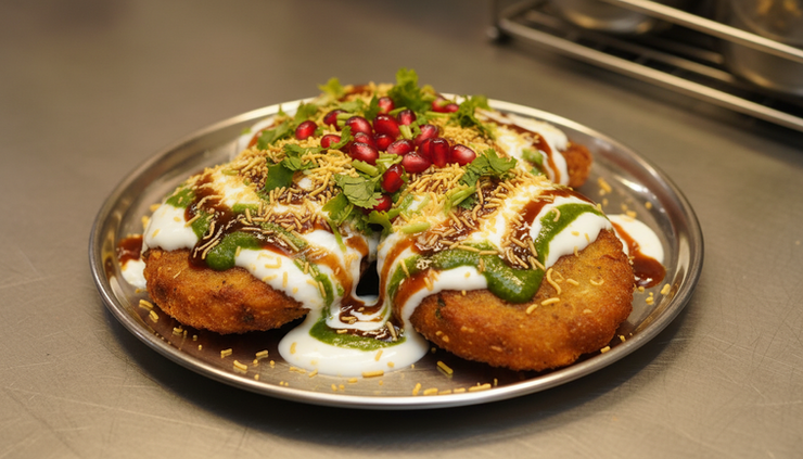 Close-up of an aloo tikki plate topped with curd, chutney, pomegranate, and sev