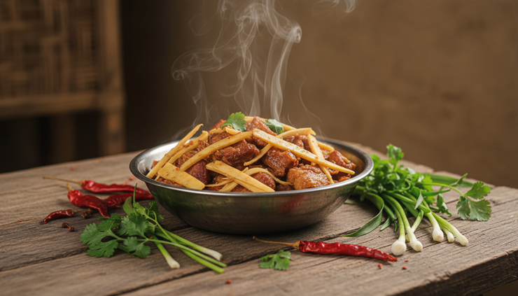 Close-up of smoked pork pieces cooked with bamboo shoot in a metal bowl