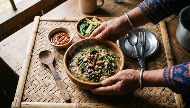 Top-down view of hands serving galho with greens and chilli chutney on a simple dining mat.