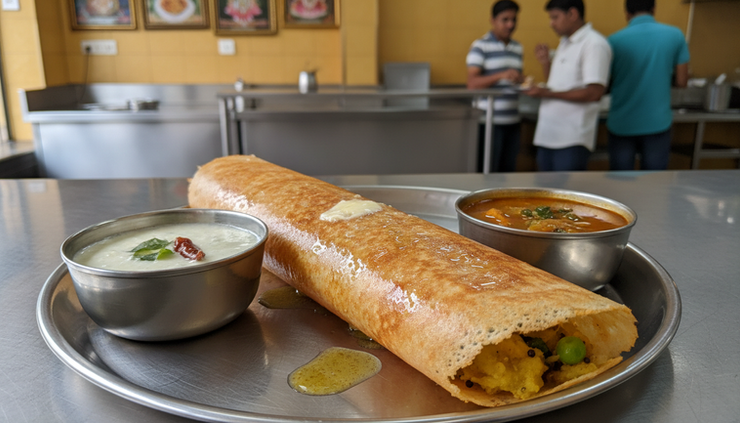 Close-up of benne masala dosa with potato filling and coconut chutney