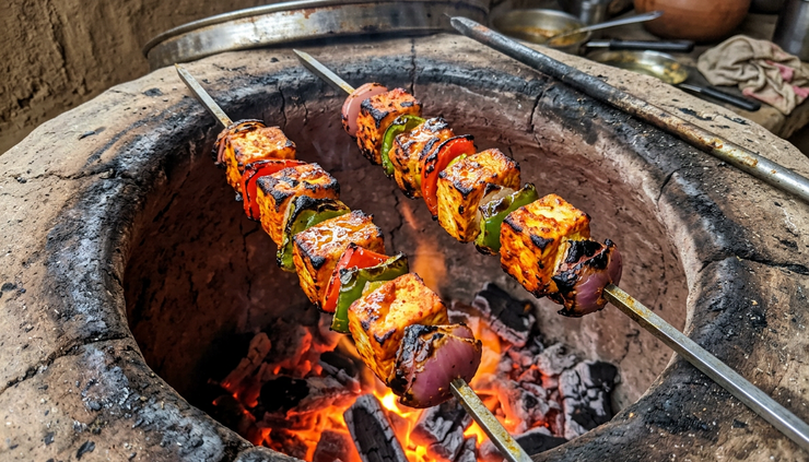 Close-up view of paneer tikka skewers charring over a clay tandoor