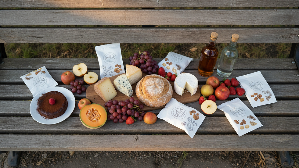 Overhead view of a simple picnic made from supermarket food on a park bench
