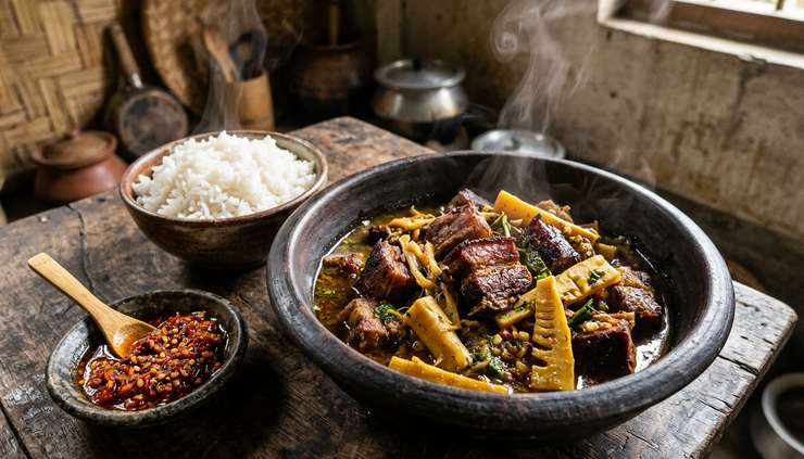 Close-up of smoked pork with bamboo shoot served with rice and chilli chutney.